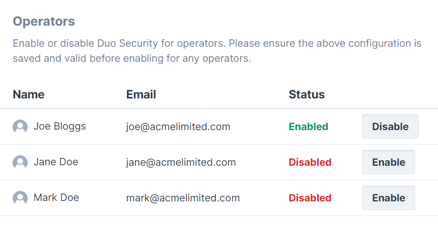 Duo Security Operator Settings